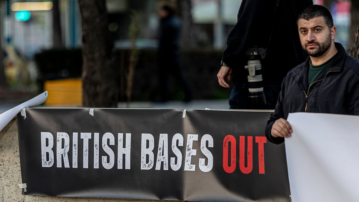 Anti-UK protests break out in Cyprus with chants of ‘British bases out’ after drone struck RAF Akrotiri