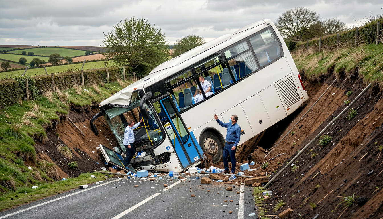 Two in hospital after bus crashes down embankment on A9